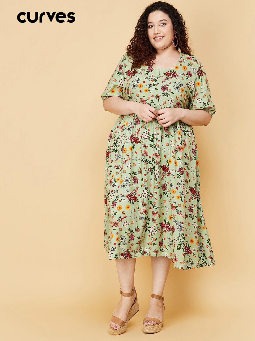 

max Women Plus Size Green Floral A-Line Midi Dress