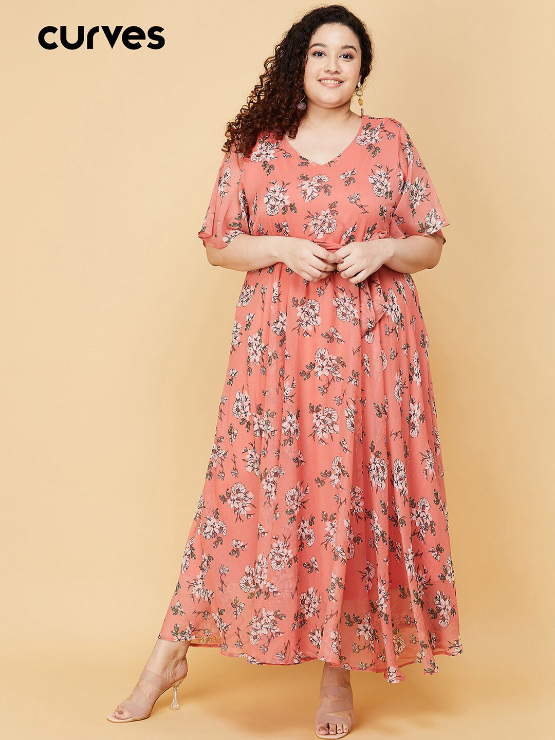 

max Women Plus Size Peach-Coloured Floral Maxi Dress
