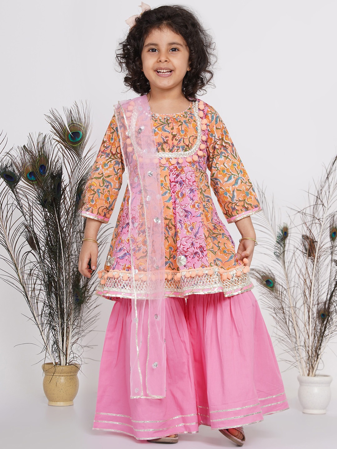 

Little Bansi Girls Orange Floral Embroidered Pure Cotton Kurta with Sharara & With Dupatta