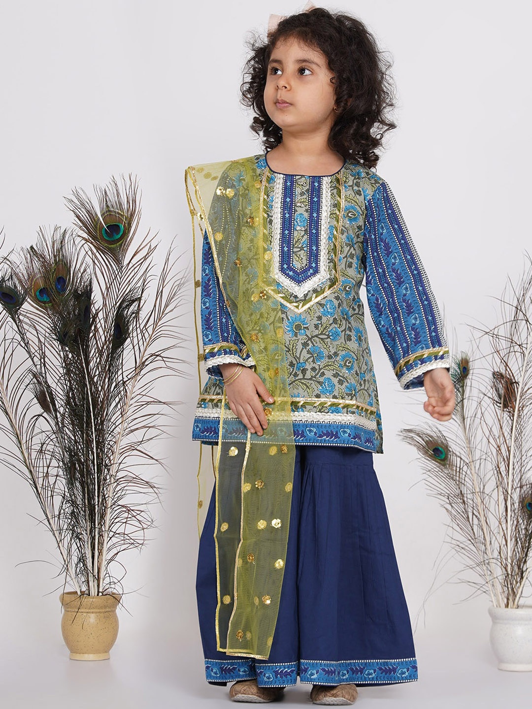 

Little Bansi Girls Multicoloured Ethnic Motifs Embroidered Layered Pure Cotton Kurta Set, Multi