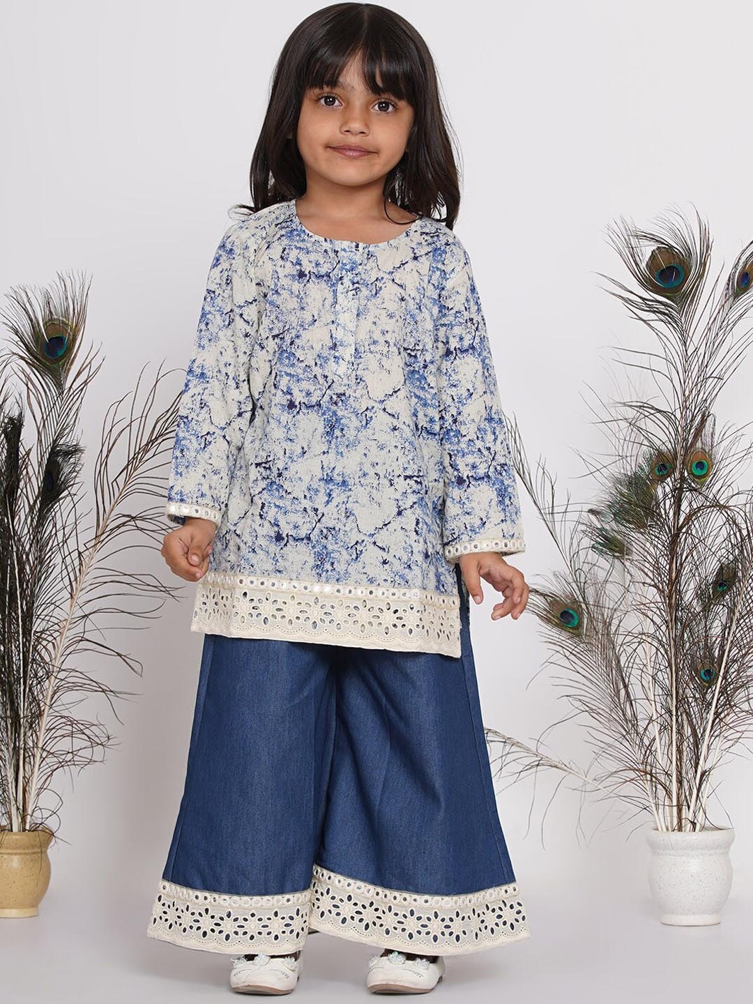 

Little Bansi Girls Blue Floral Printed Kurta with Sharara & Nehru Jacket