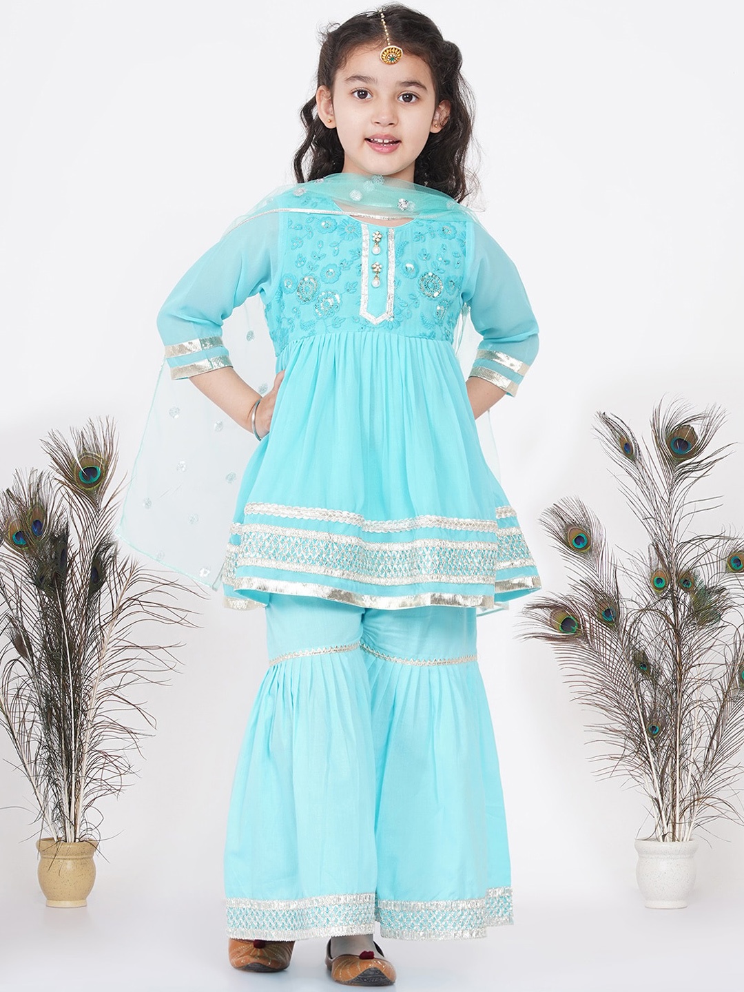

Little Bansi Girls Blue Ethnic Motifs Printed Pleated Pure Cotton Kurti with Sharara & With Dupatta