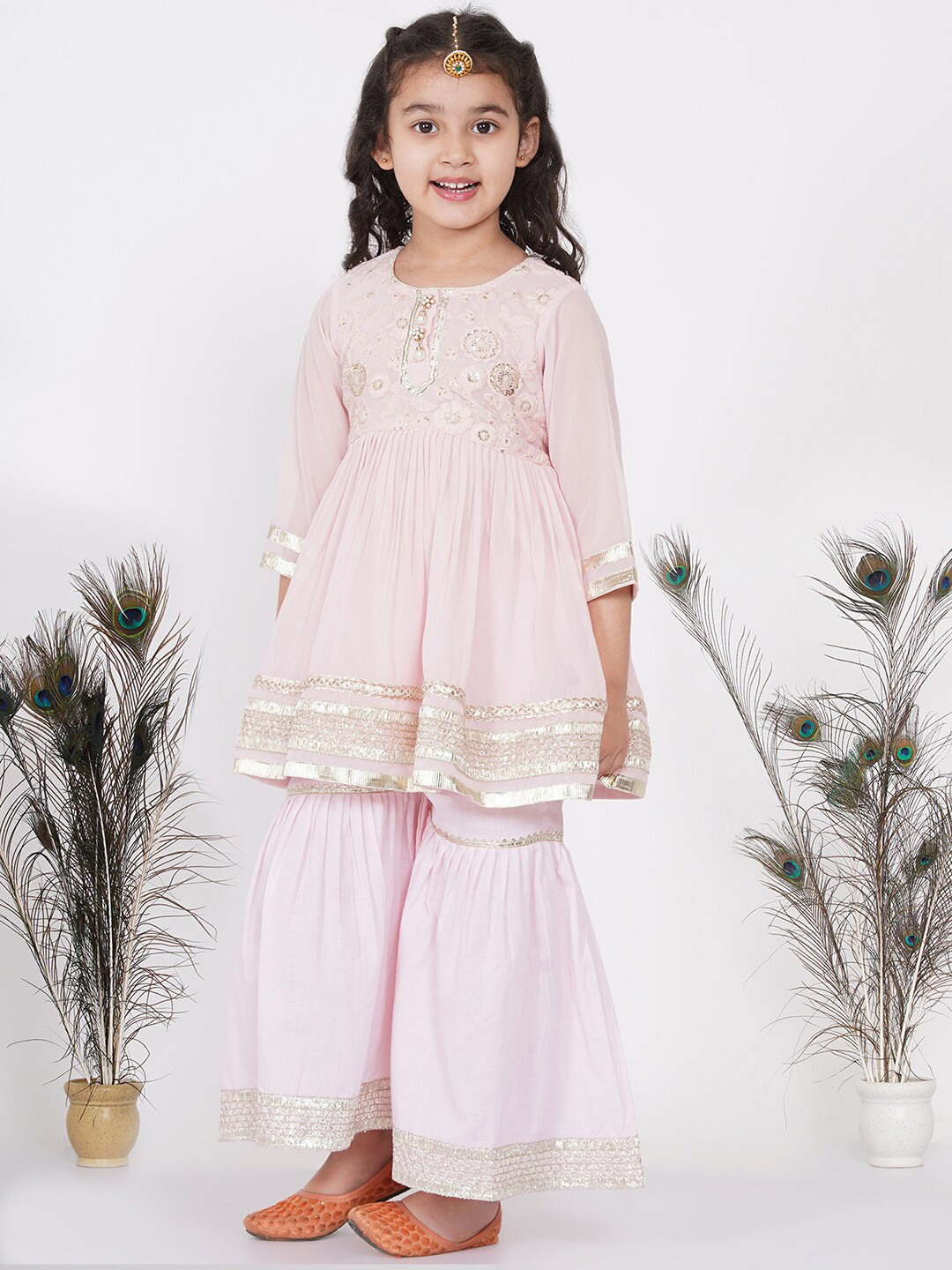 

Little Bansi Girls Pink Ethnic Motifs Embroidered Pleated Pure Cotton Kurta with Sharara & With Dupatta