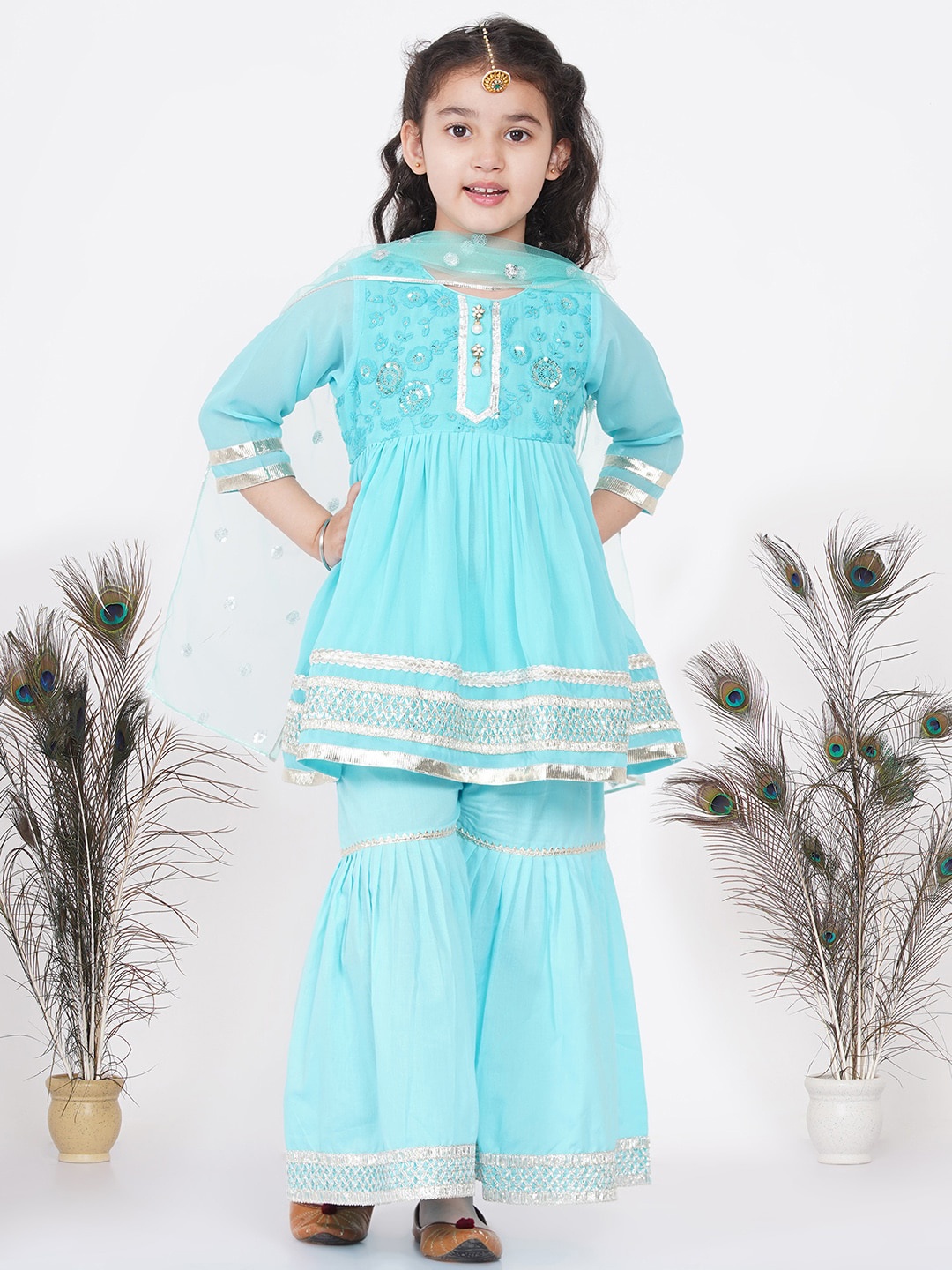 

Little Bansi Girls Blue Ethnic Motifs Printed Pleated Kurti with Sharara & With Dupatta