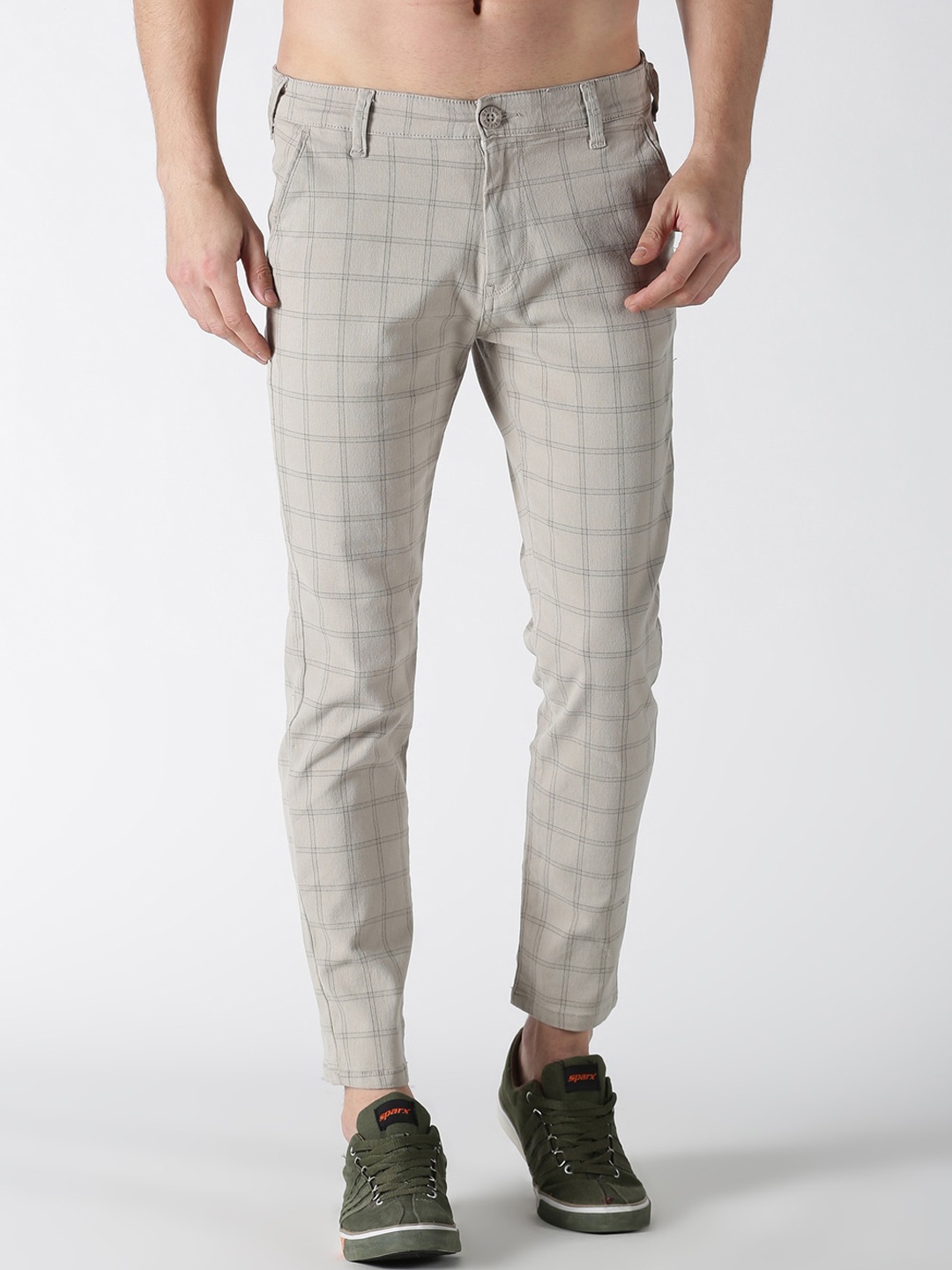 

Old Grey Men Cream-Coloured Checked Slim Fit Pure Cotton Trousers