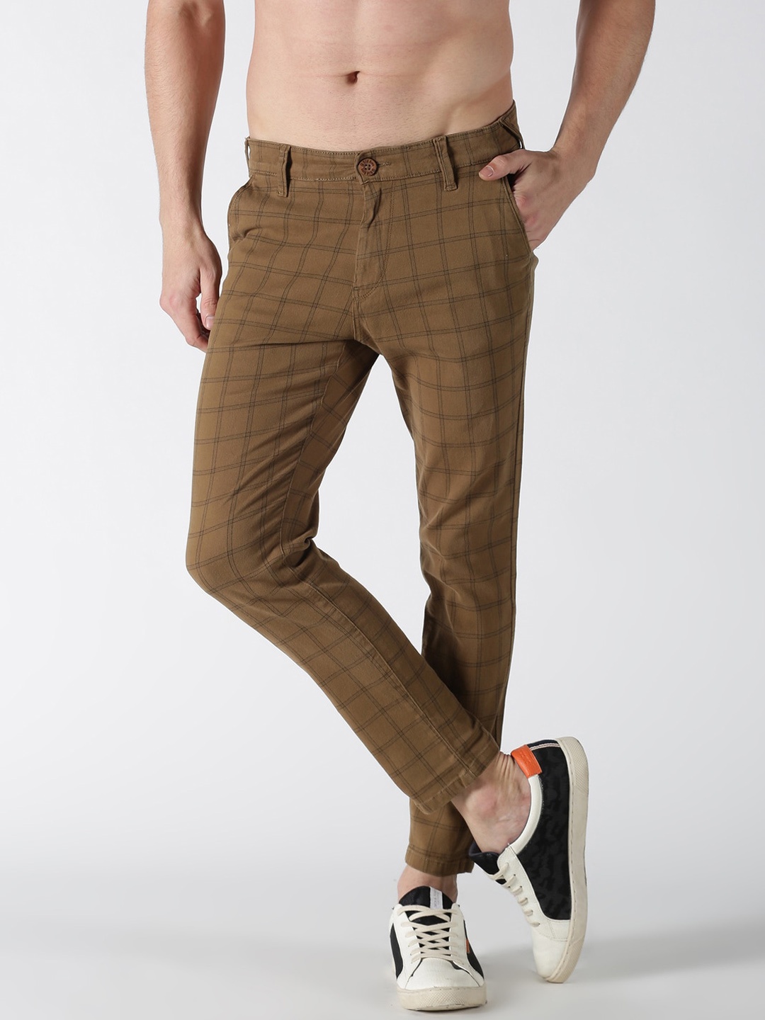 

Old Grey Men Khaki Checked Pure Cotton Slim Fit Trousers