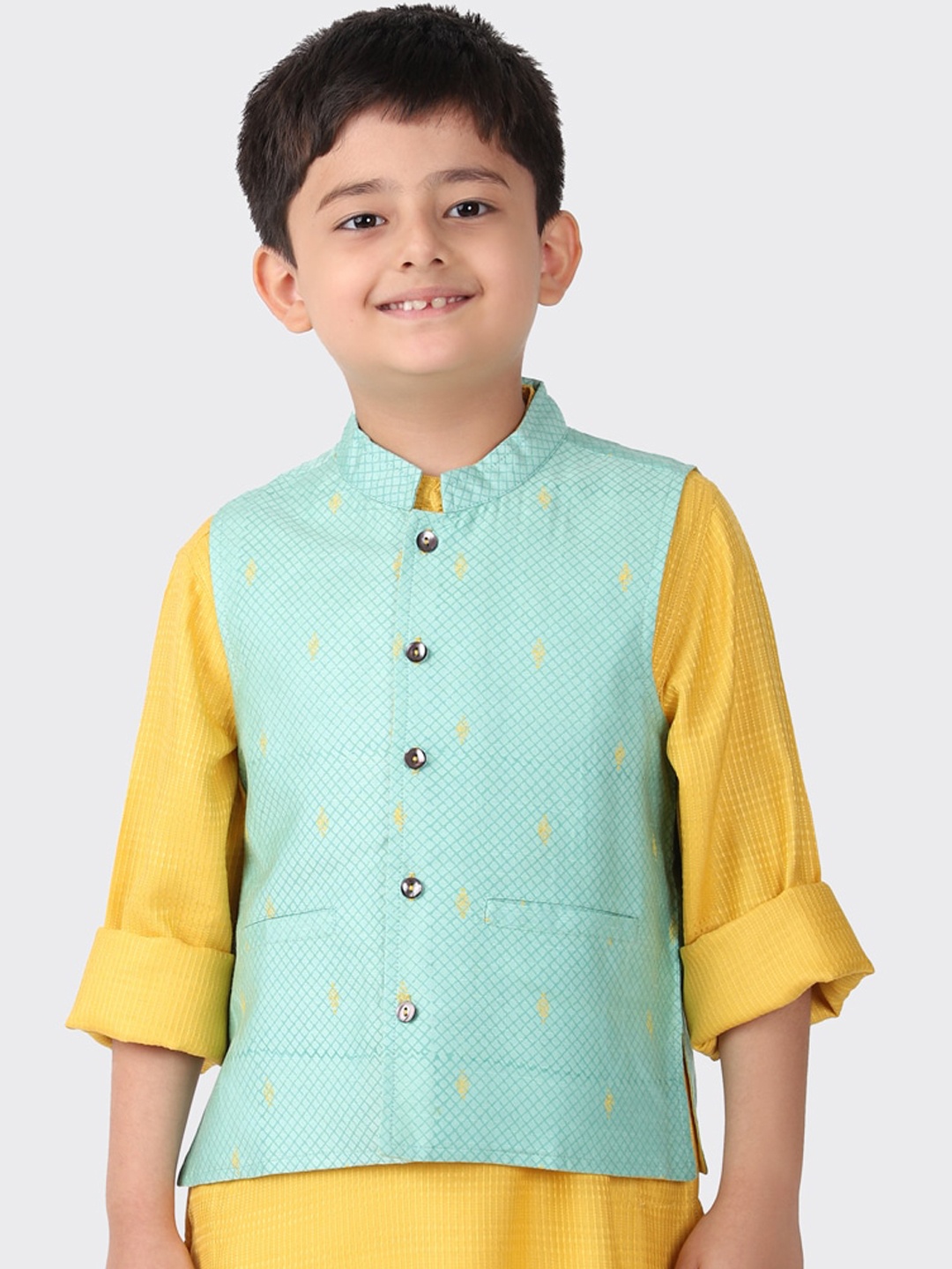 

Fabindia Boys Teal Coloured Woven Design Nehru Jacket