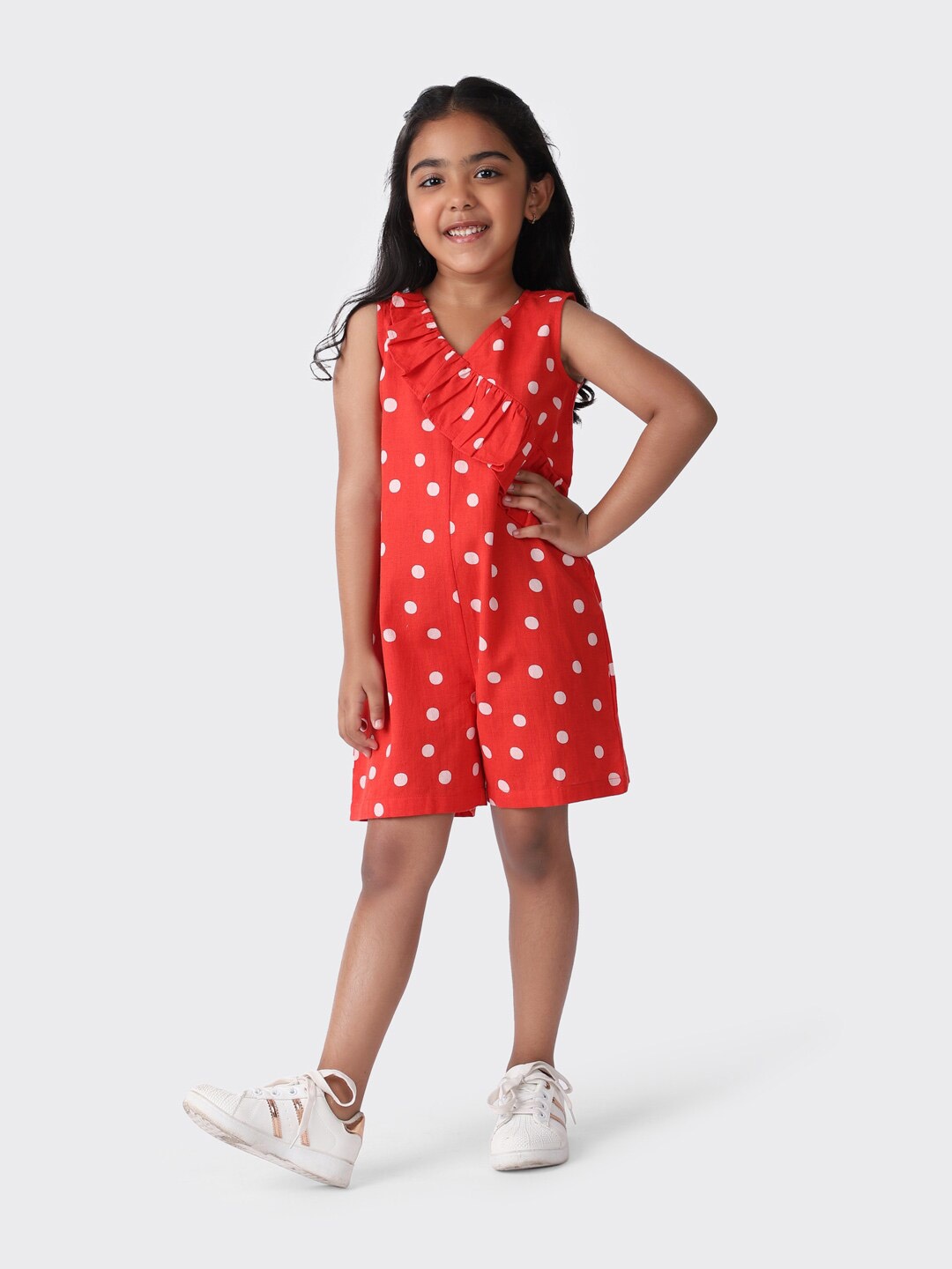 

Fabindia Girls Red & White Printed Basic Jumpsuit