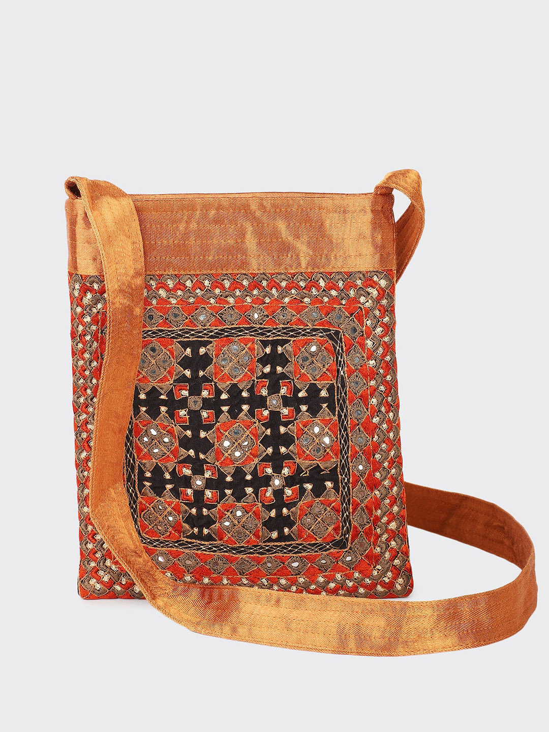 

Fabindia Brown Geometric Embroidered Structured Sling Bag