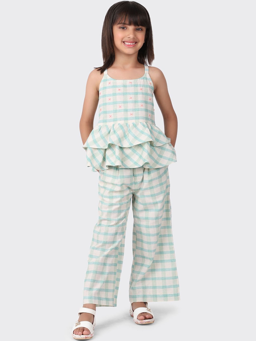 

Fabindia Girls White & Turquoise Blue Checked Pure Cotton Top with Palazzos