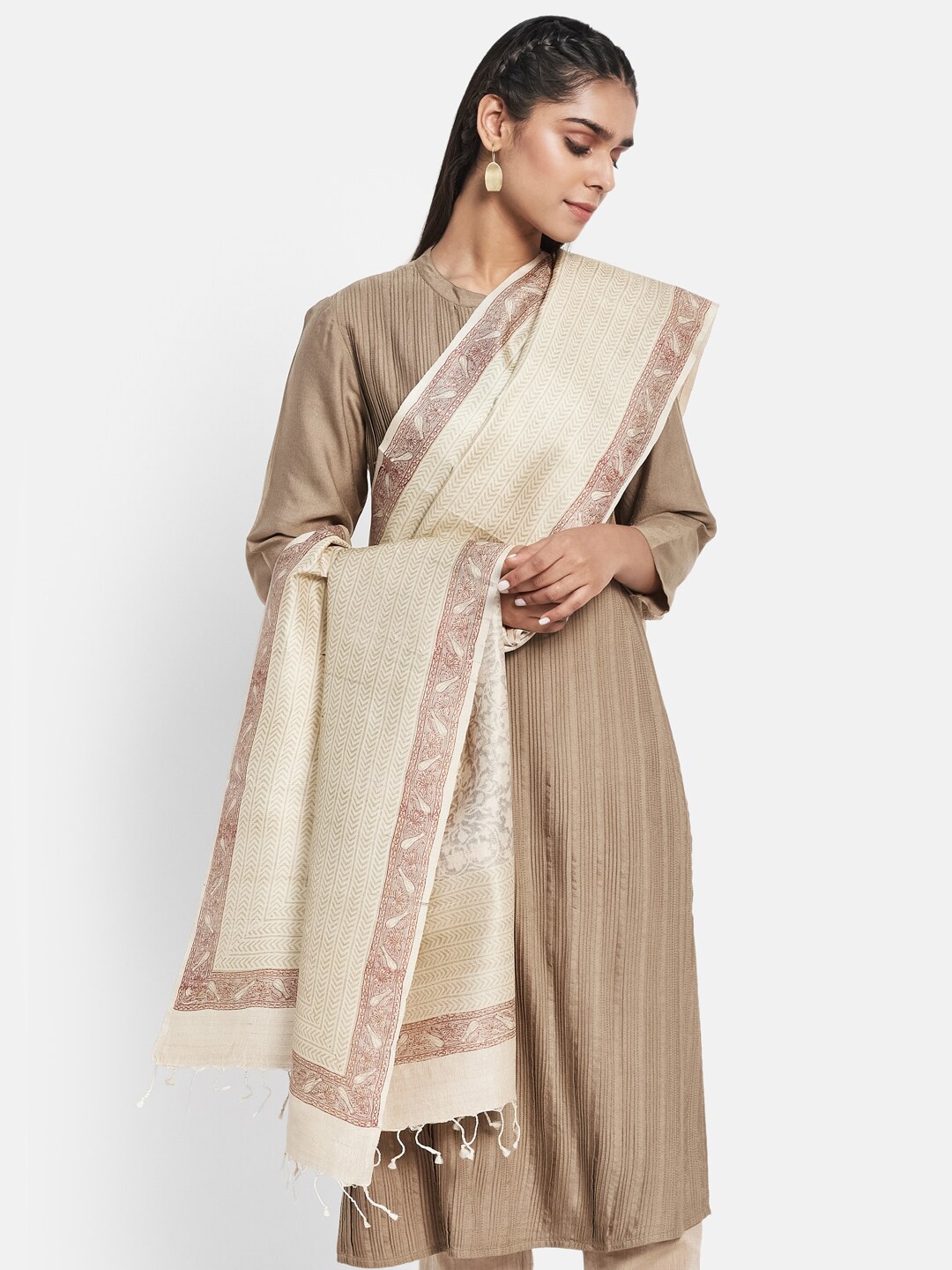 

Fabindia Grey & Beige Printed Pure Silk Block Print Dupatta