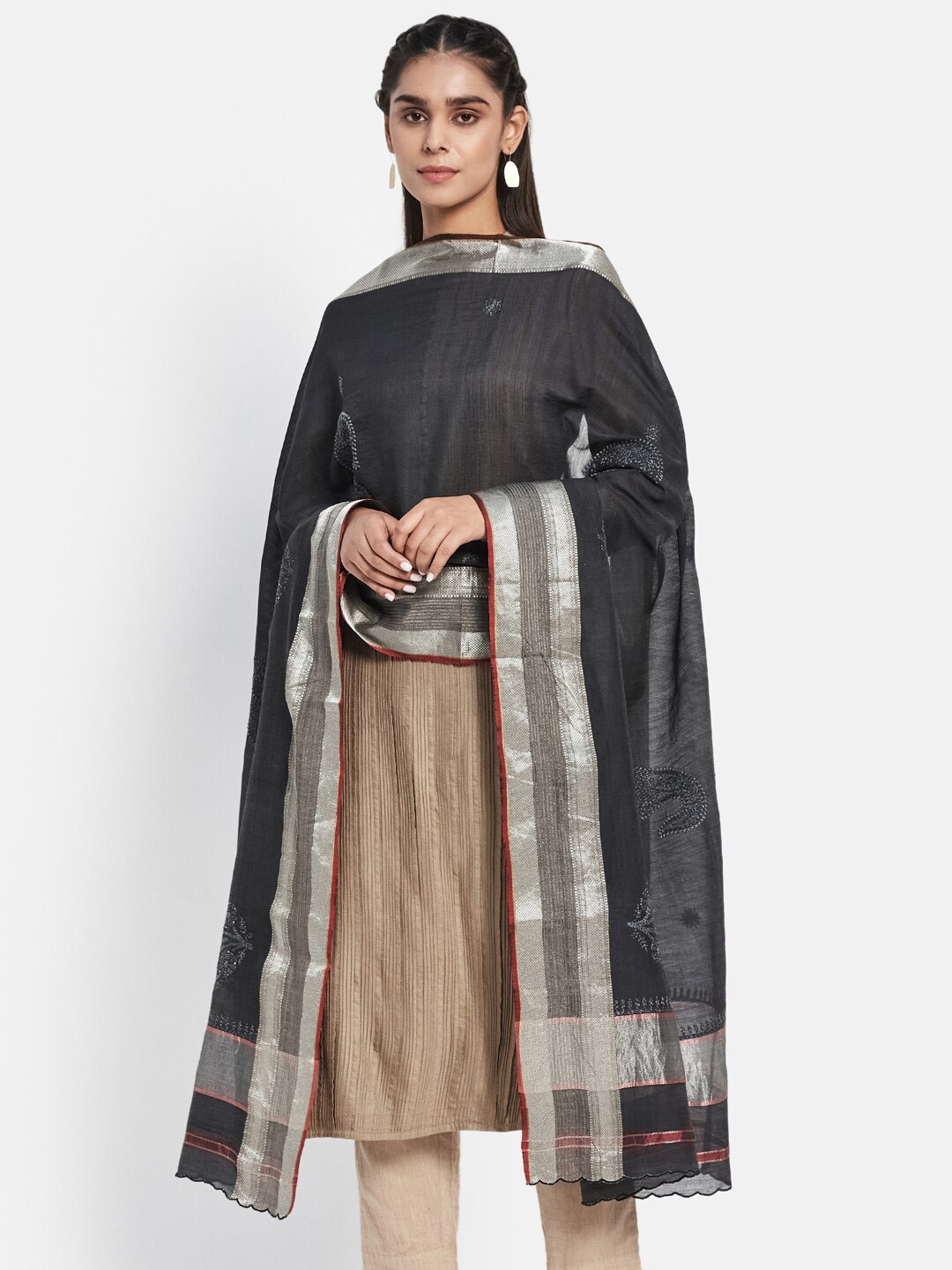 

Fabindia Black & Silver-Toned Printed Cotton Silk Dupatta