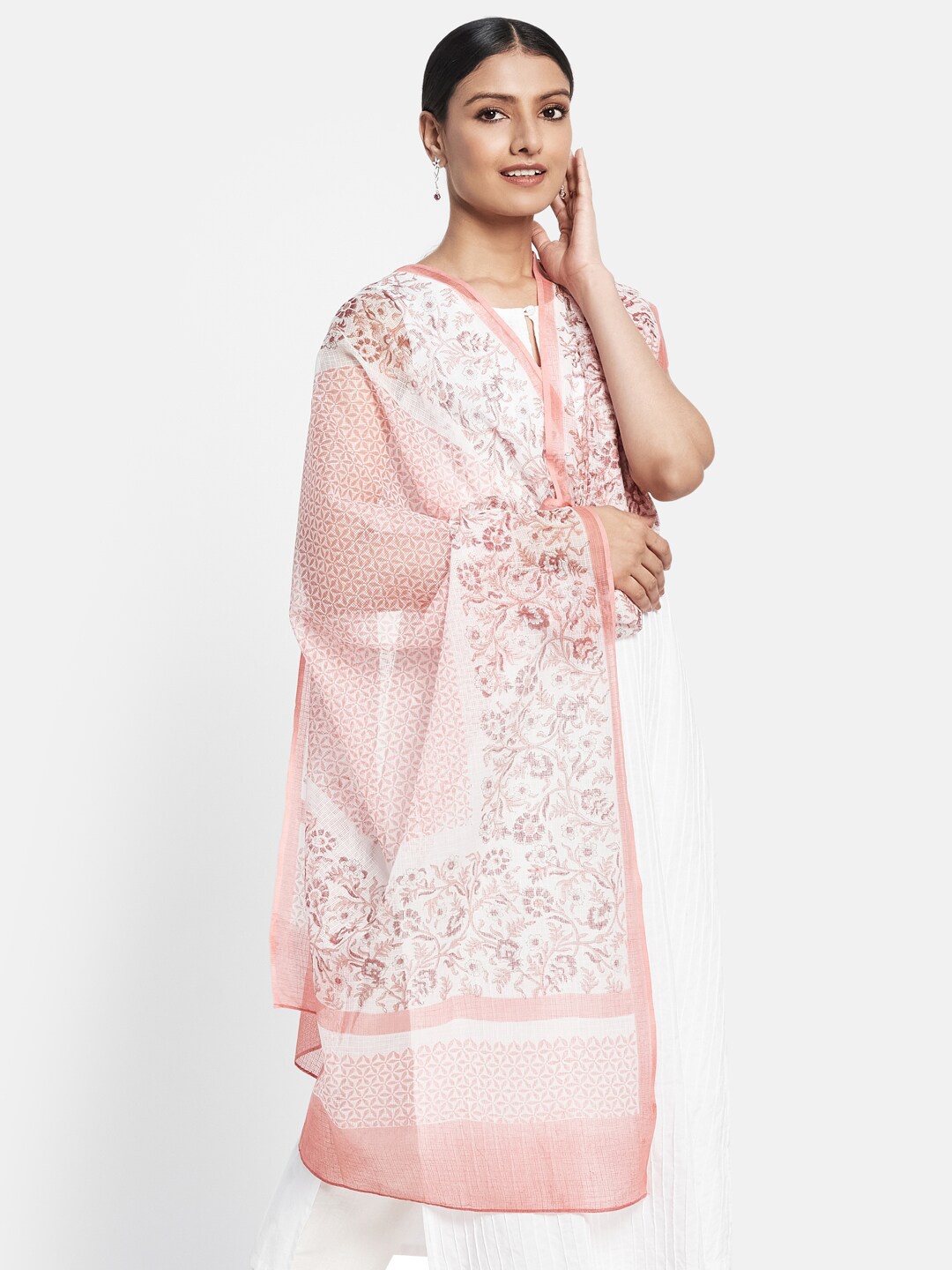 

Fabindia Peach-Coloured & White Printed Cotton Silk Dupatta