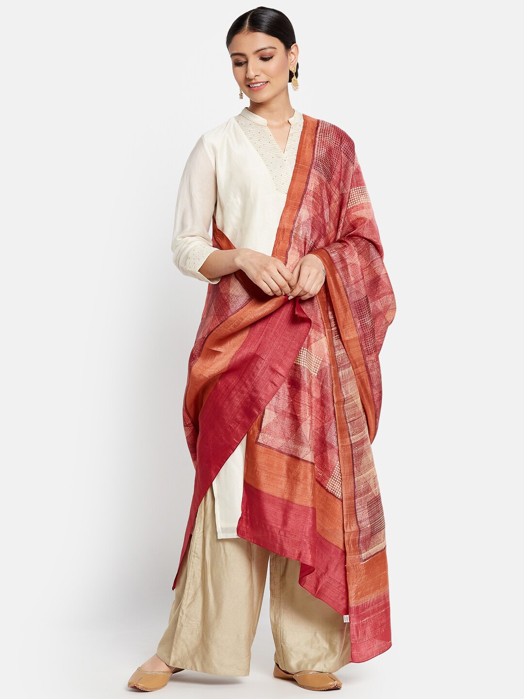 

Fabindia Red & White Printed Pure Silk Dupatta