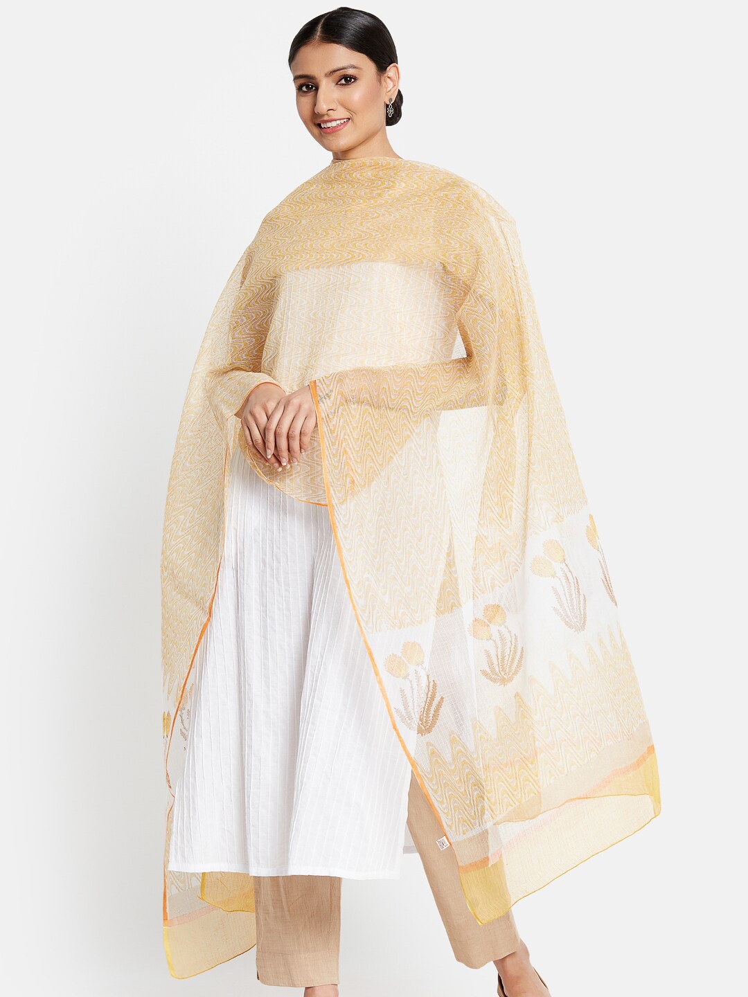 

Fabindia Yellow & White Printed Cotton Silk Dupatta