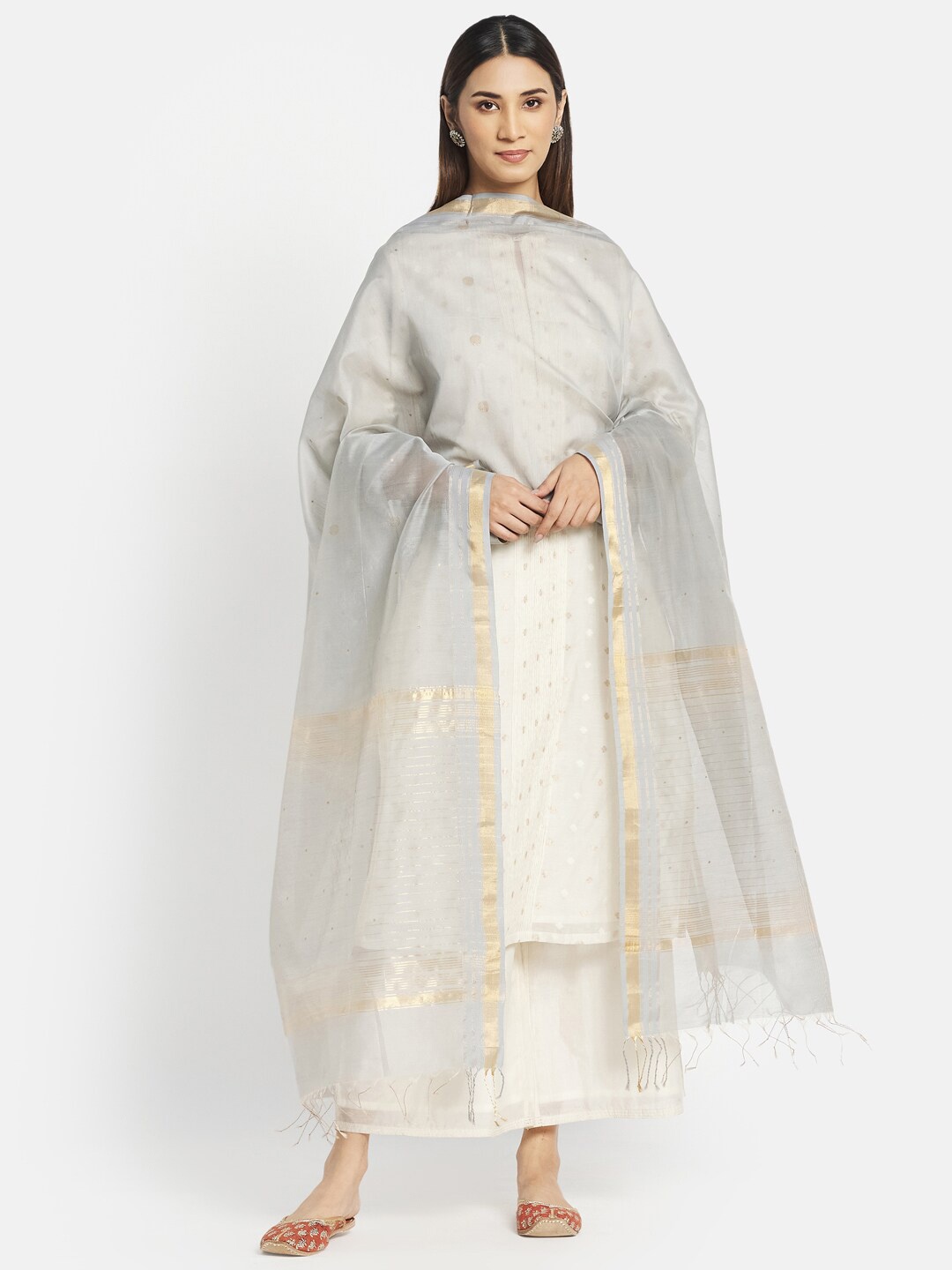

Fabindia Silver-Toned & Gold-Toned Woven Design Cotton Silk Dupatta