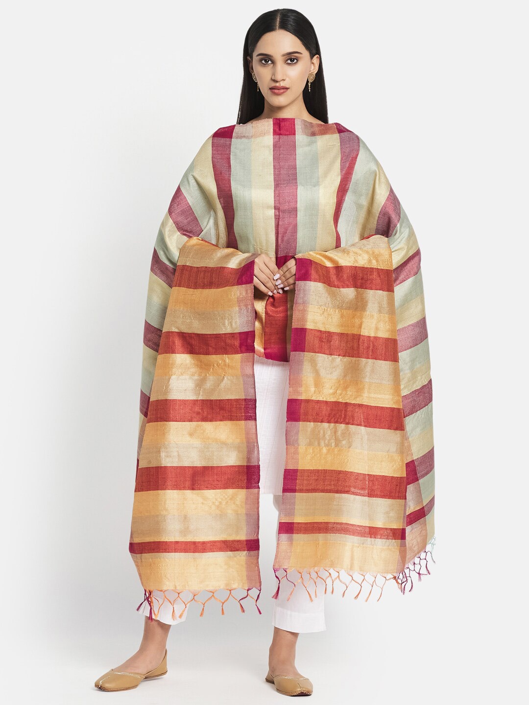 

Fabindia Beige & Red Woven Design Pure Silk Dupatta