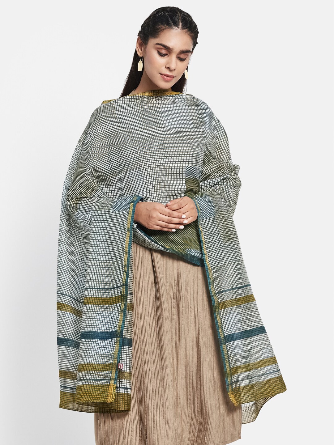 

Fabindia Blue & White Printed Cotton Silk Dupatta