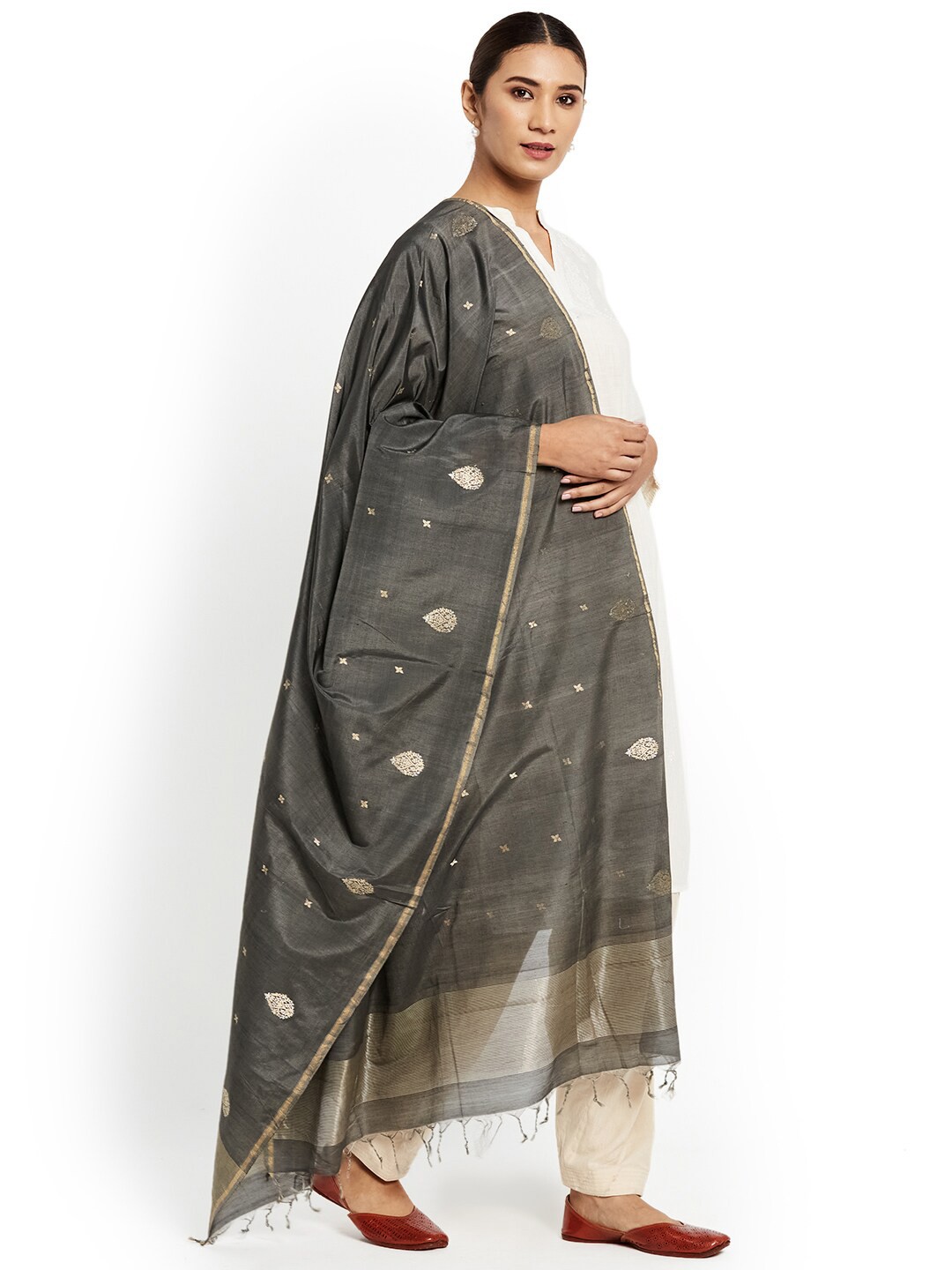 

Fabindia Grey & Gold-Toned Woven Design Cotton Silk Dupatta