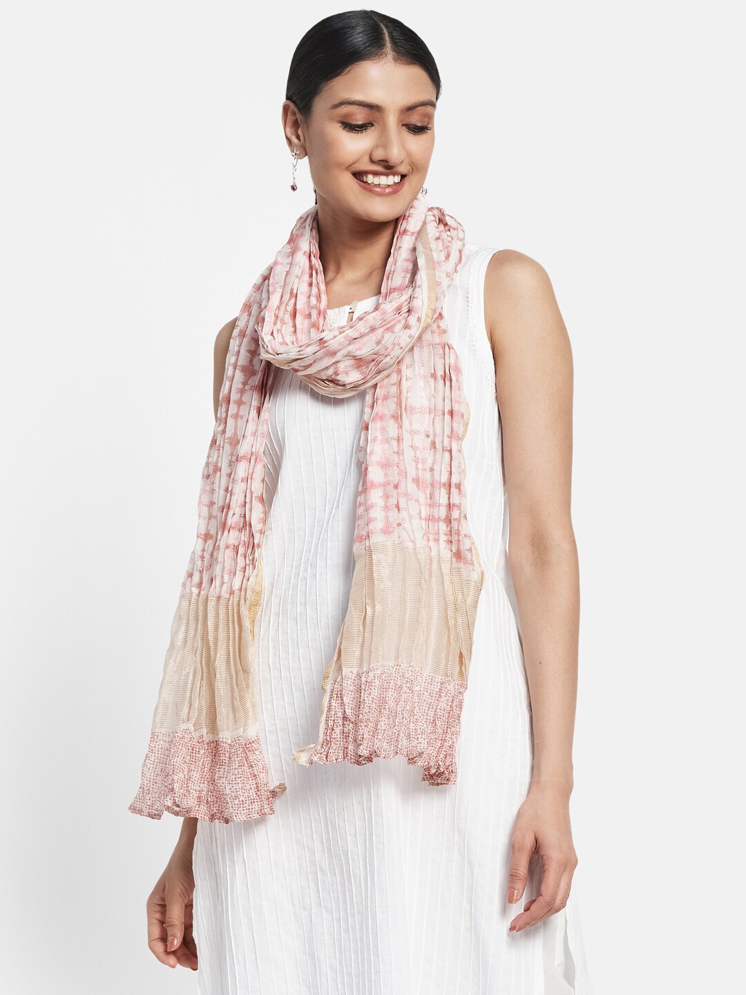 

Fabindia Pink & White Printed Cotton Silk Dupatta