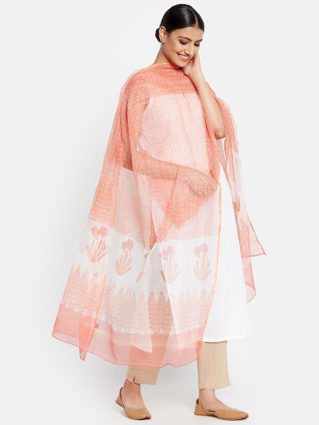 

Fabindia Pink & White Printed Cotton Silk Dupatta
