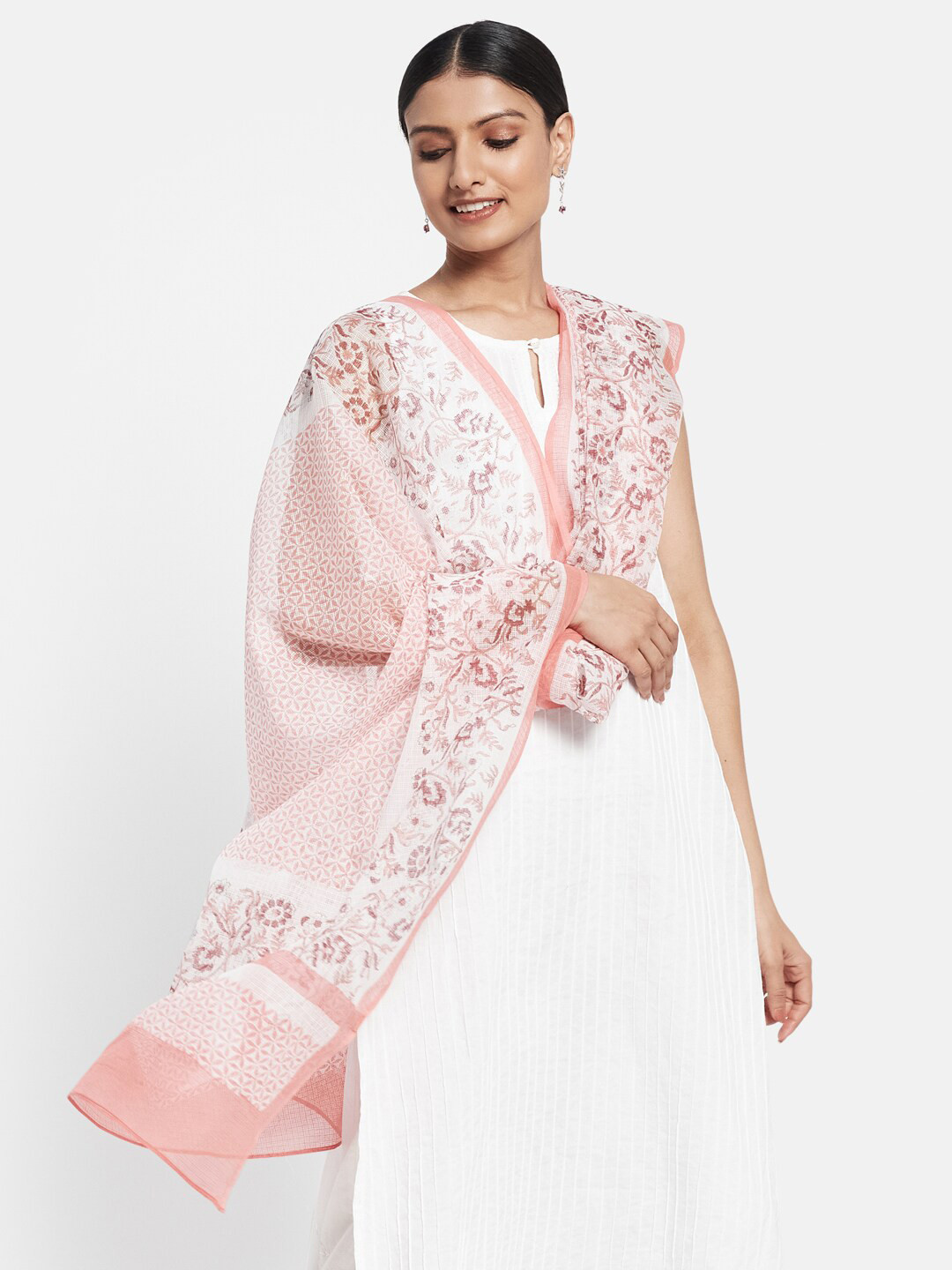 

Fabindia Pink & White Printed Cotton Silk Dupatta