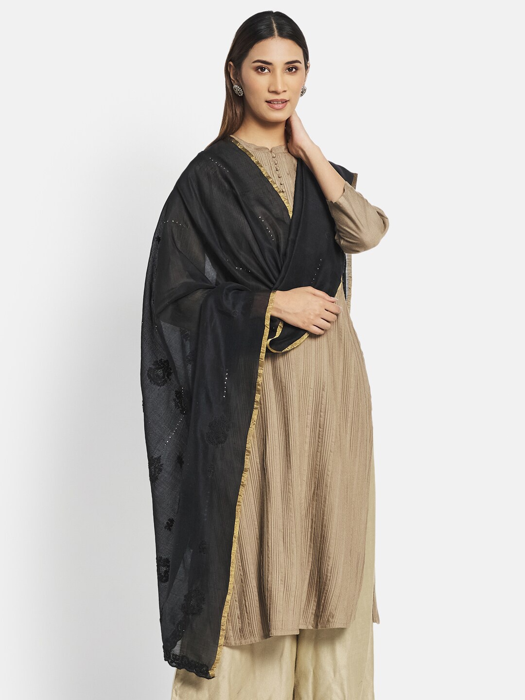 

Fabindia Black & Gold-Toned Embroidered Cotton Silk Dupatta