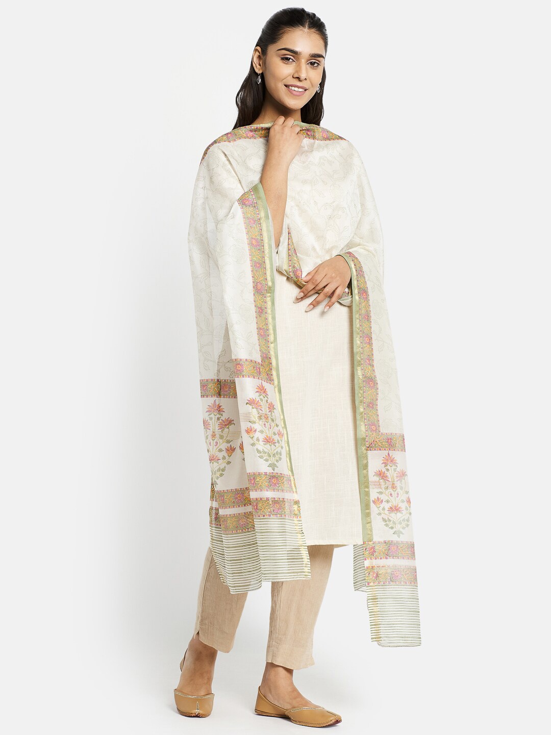 

Fabindia Women Off White & Red Printed Cotton Silk Dupatta