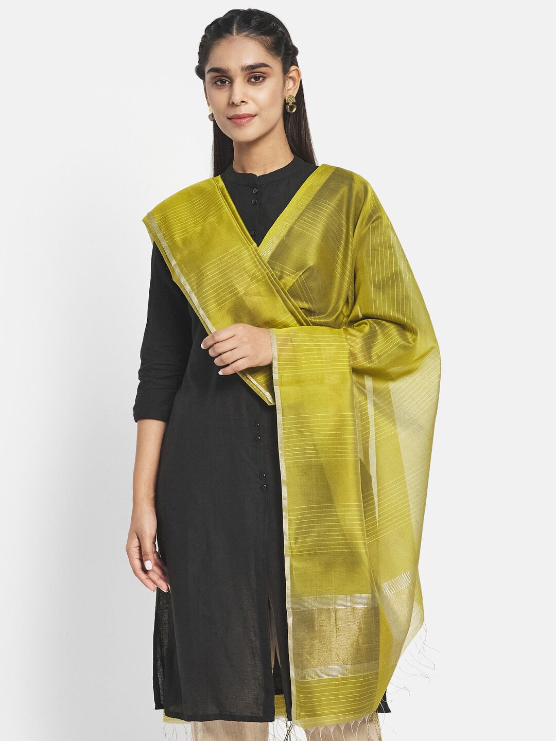 

Fabindia Women Green & Silver-Toned Striped Cotton Silk Dupatta