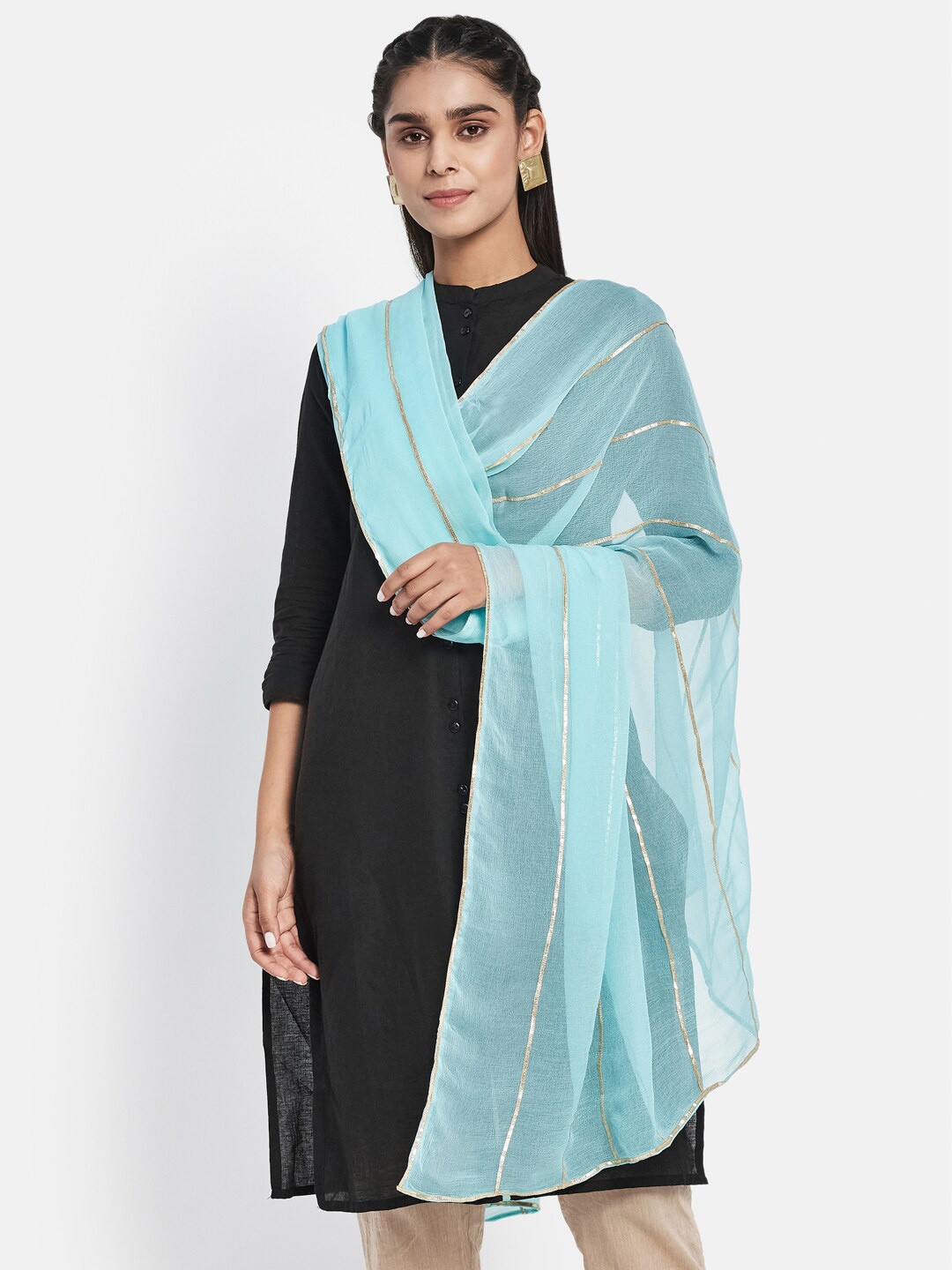 

Fabindia Women Blue & Silver-Toned Embroidered Dupatta