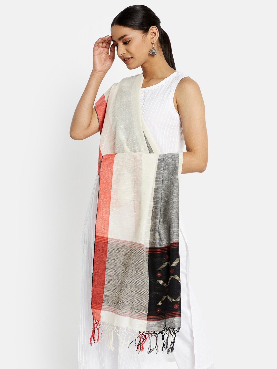 

Fabindia Women White & Red Woven Design Cotton Silk Dupatta