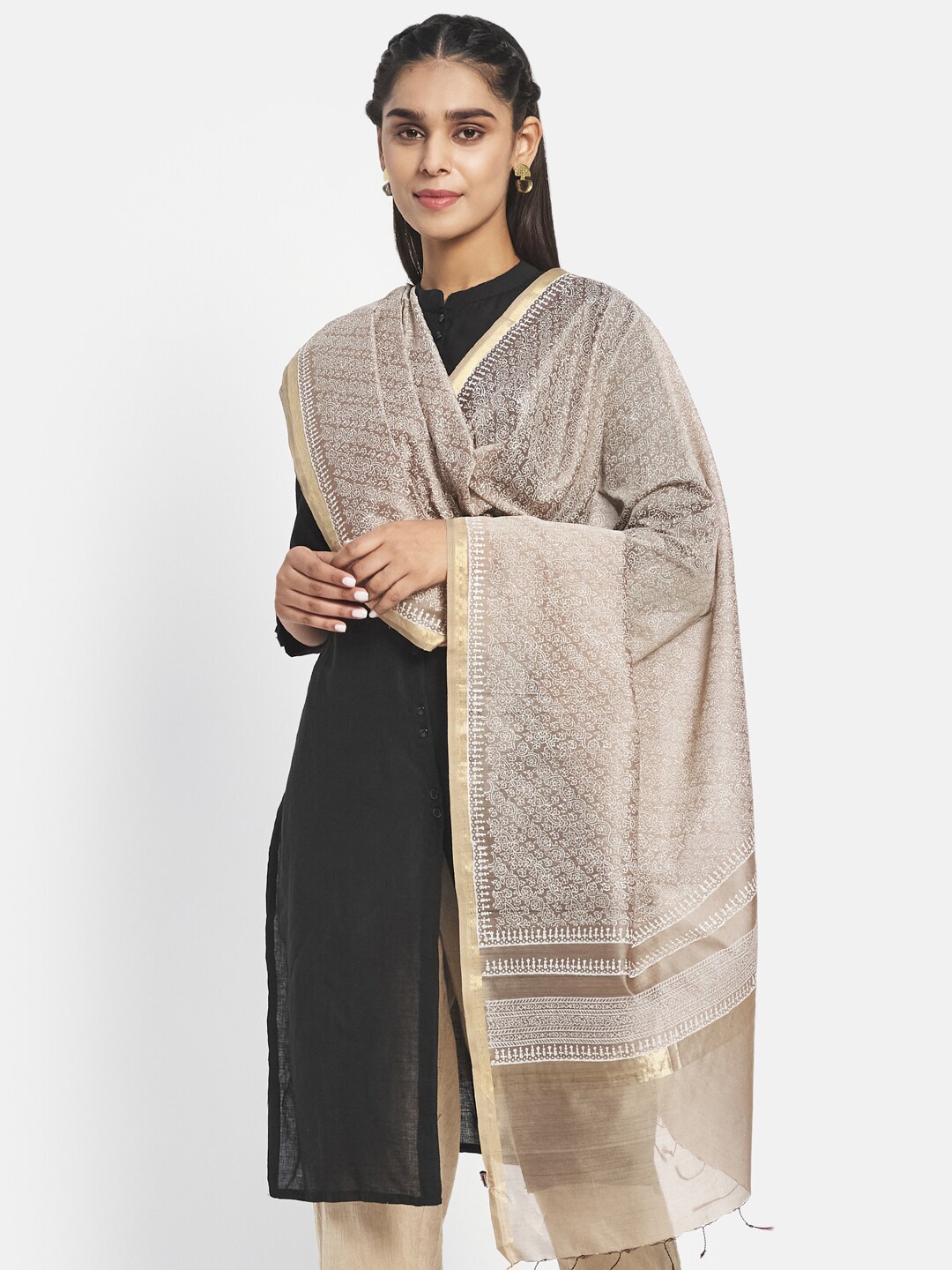 

Fabindia womens Brown & Gold-Toned Printed Cotton Silk Dupatta