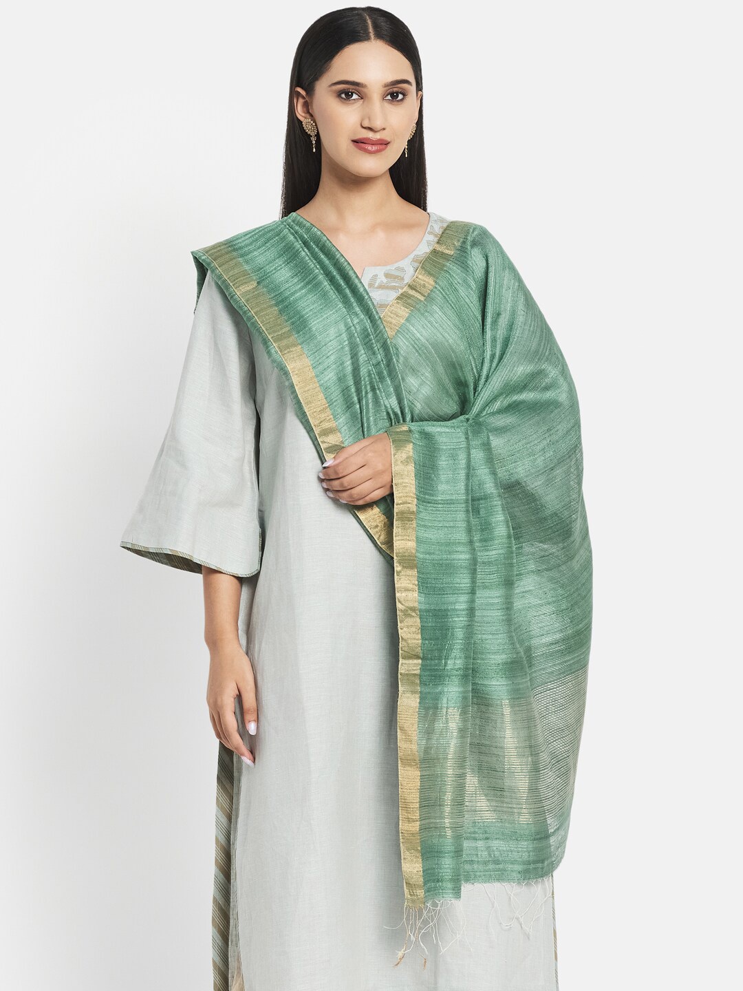 

Fabindia Women Green & Gold-Toned Woven Design Pure Silk Dupatta