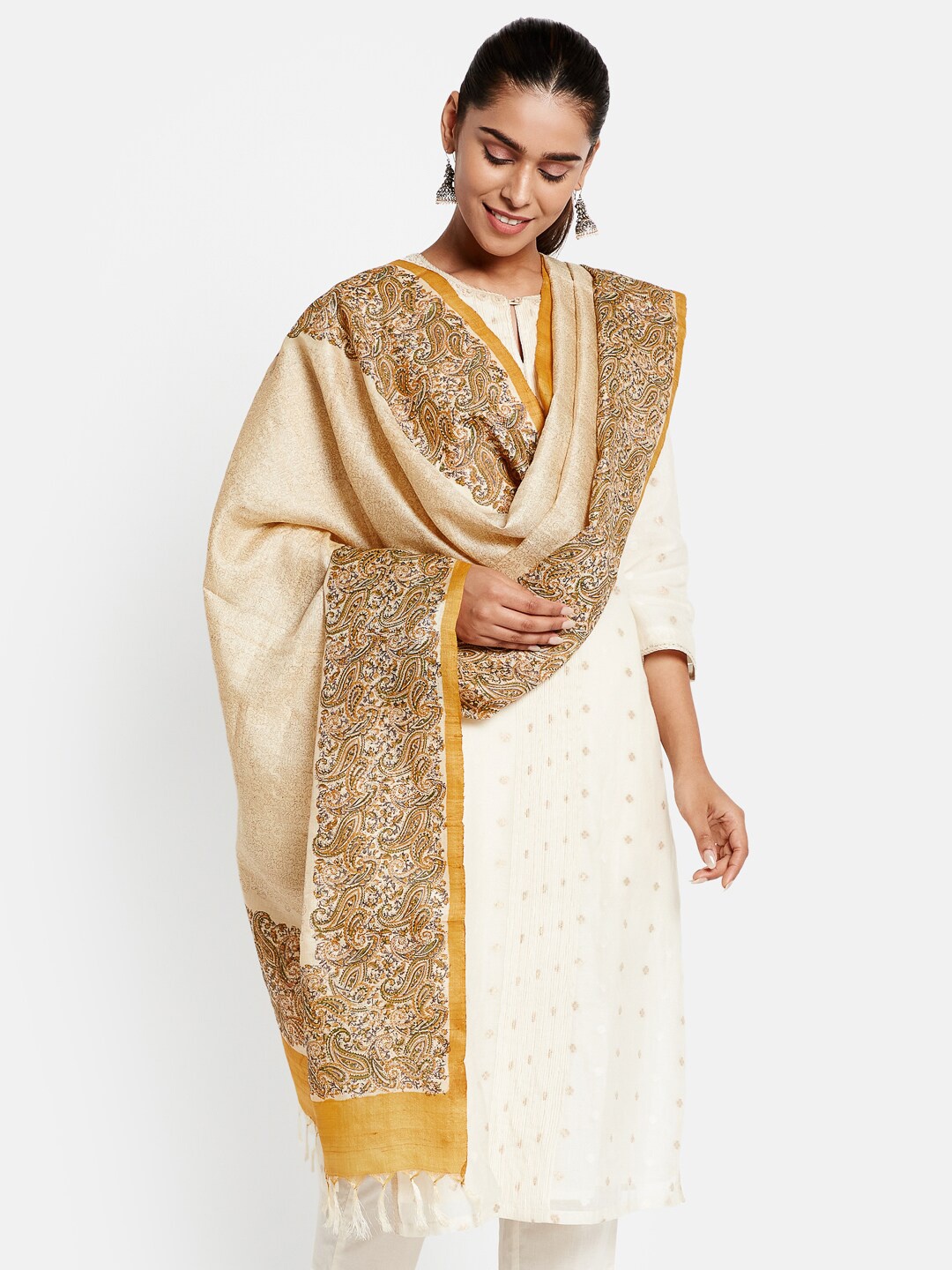 

Fabindia Women Yellow & Brown Printed Pure Silk Dupatta