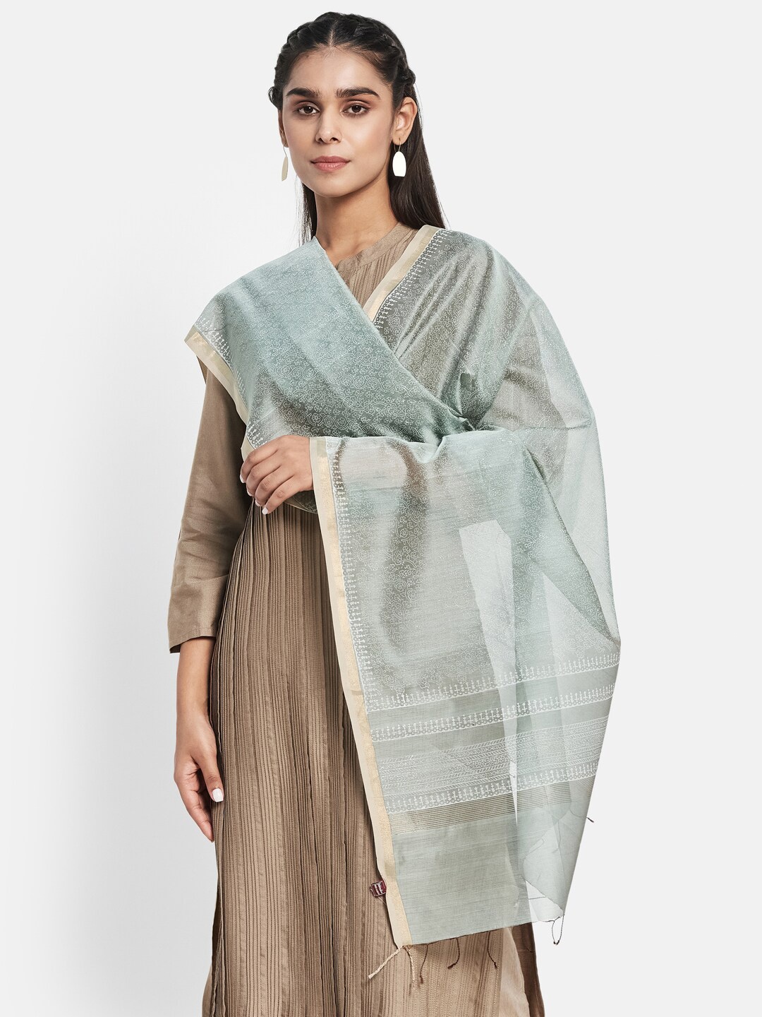 

Fabindia Women Blue Printed Cotton Silk Dupatta