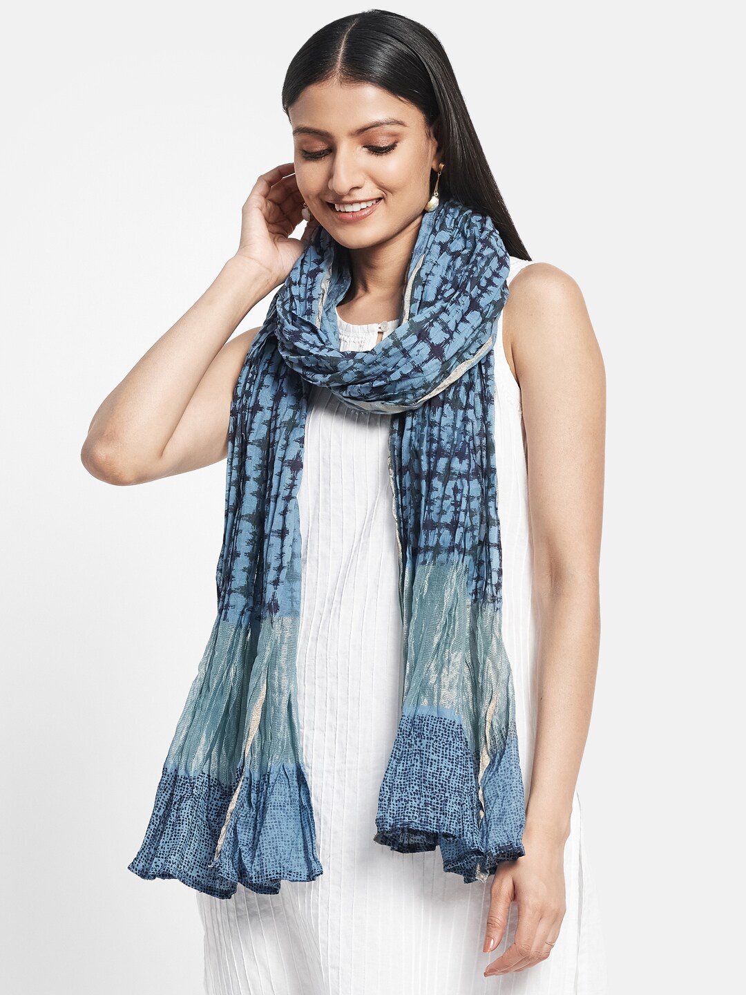 

Fabindia Women Blue & Gold-Toned Printed Cotton Silk Dupatta