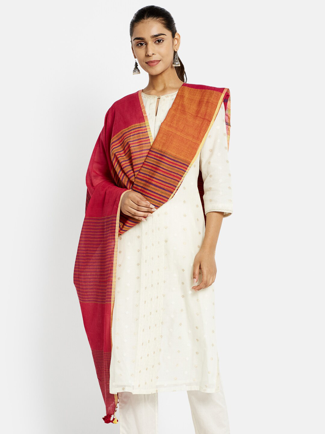 

Fabindia Pink & Blue Woven Design Pure Cotton Dupatta