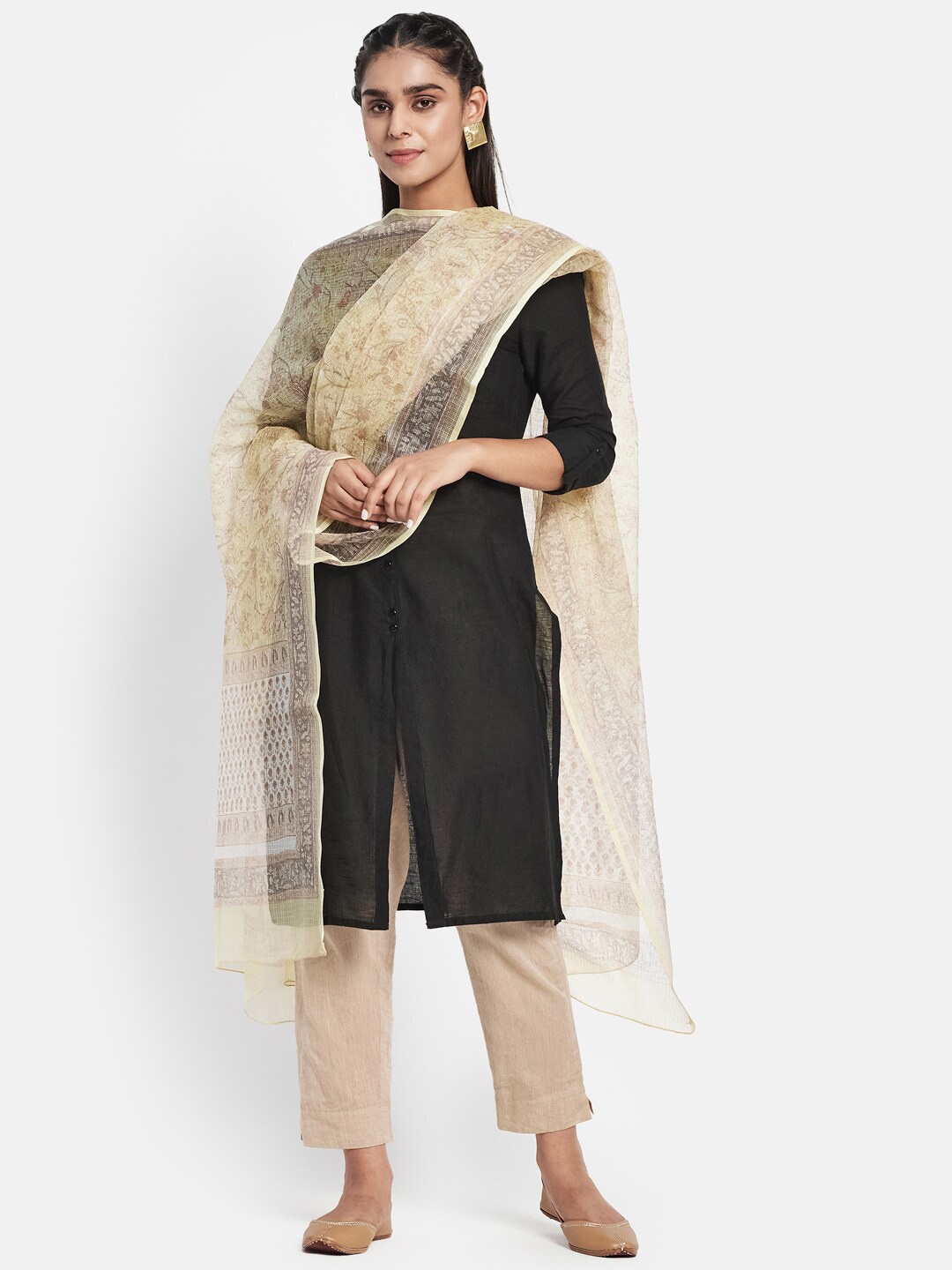 

Fabindia Cream-Coloured Printed Cotton Silk Dupatta