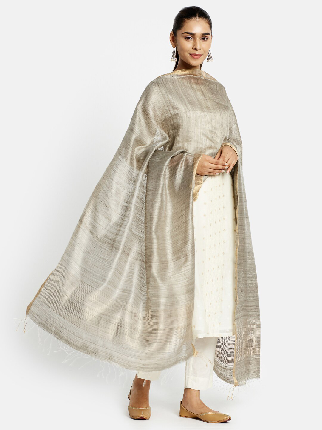 

Fabindia Grey & Gold-Toned Woven Design Pure Silk Dupatta