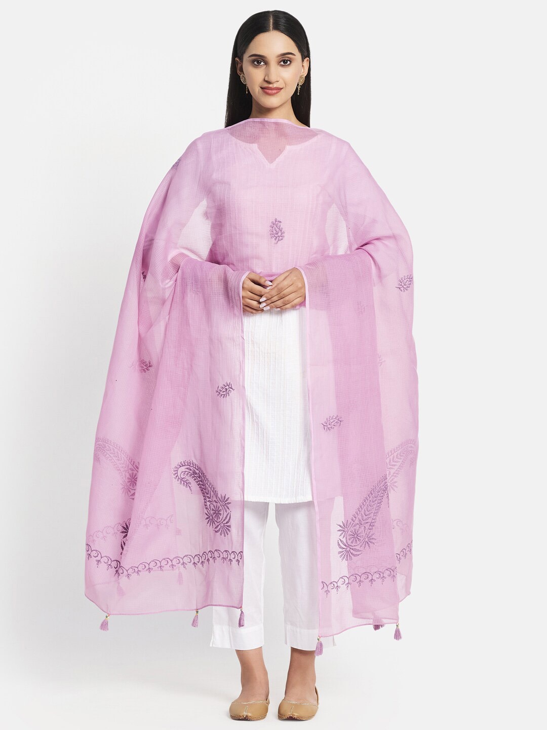 

Fabindia Purple Embroidered Cotton Silk Dupatta