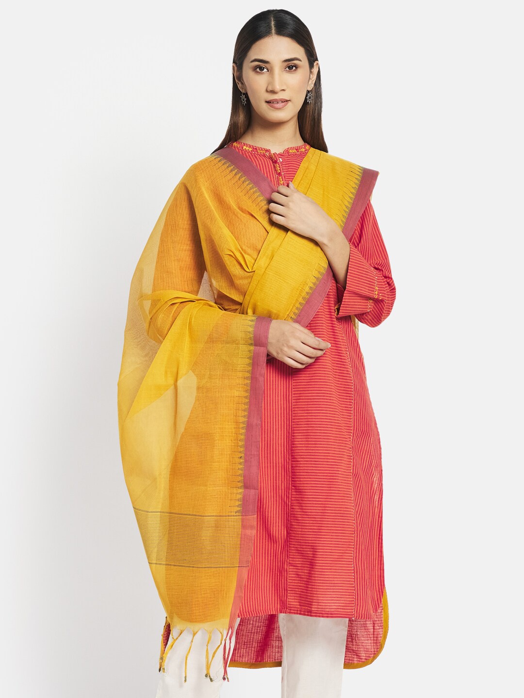 

Fabindia Women Yellow & Pink Paisley Woven Design Pure Cotton Dupatta