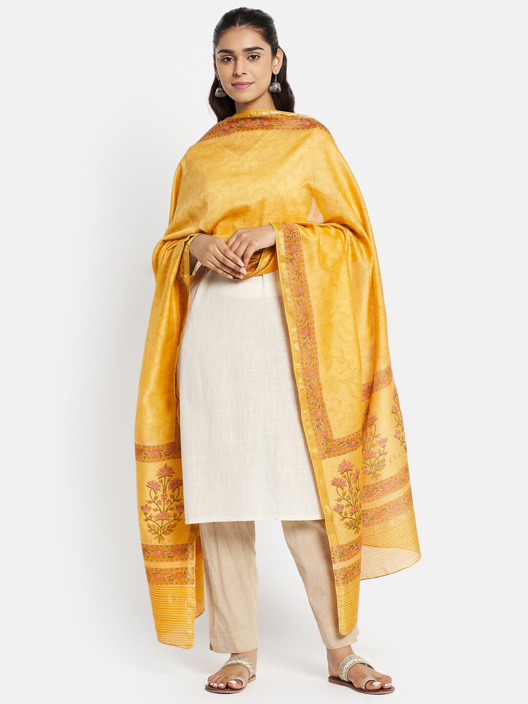 

Fabindia Women Yellow Printed Cotton Silk Dupatta