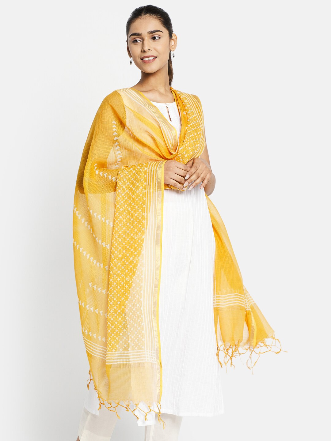 

Fabindia Women Yellow & White Hand Block Print Cotton Silk Dupatta