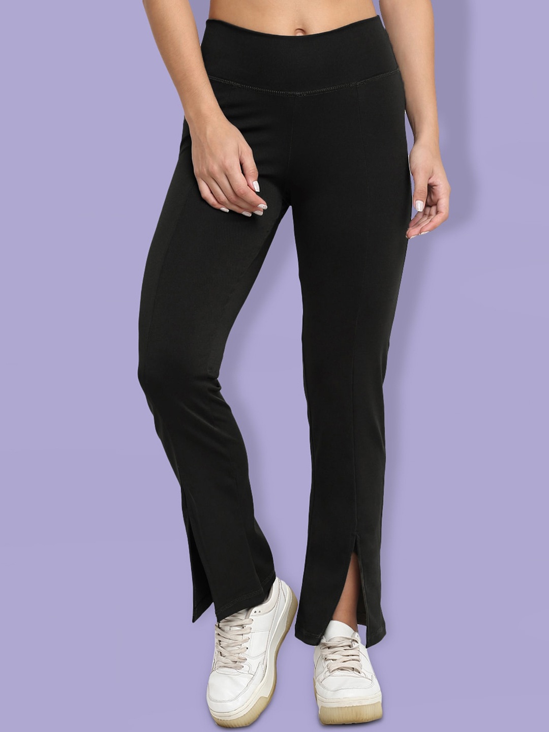 

EVERDION Women Black Solid Front Slit Flared Tights