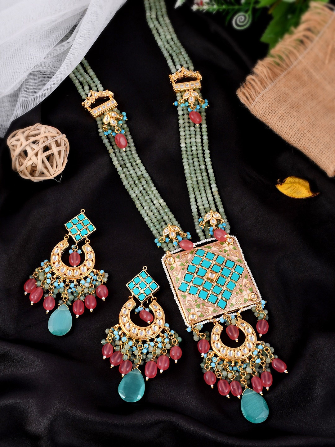 

DASTOOR 24 K Gold-Plated Green & Pink Kundan-Studded & Pearl Beaded Jewellery Set