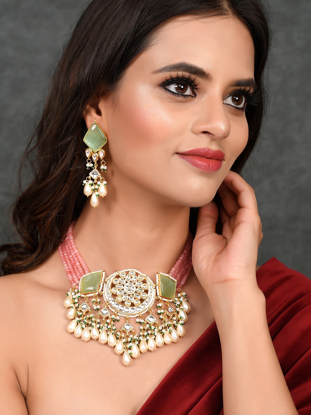 

DASTOOR Women Gold Plated Pink Beaded Green & White Stone Studded Choker Jewellery Set
