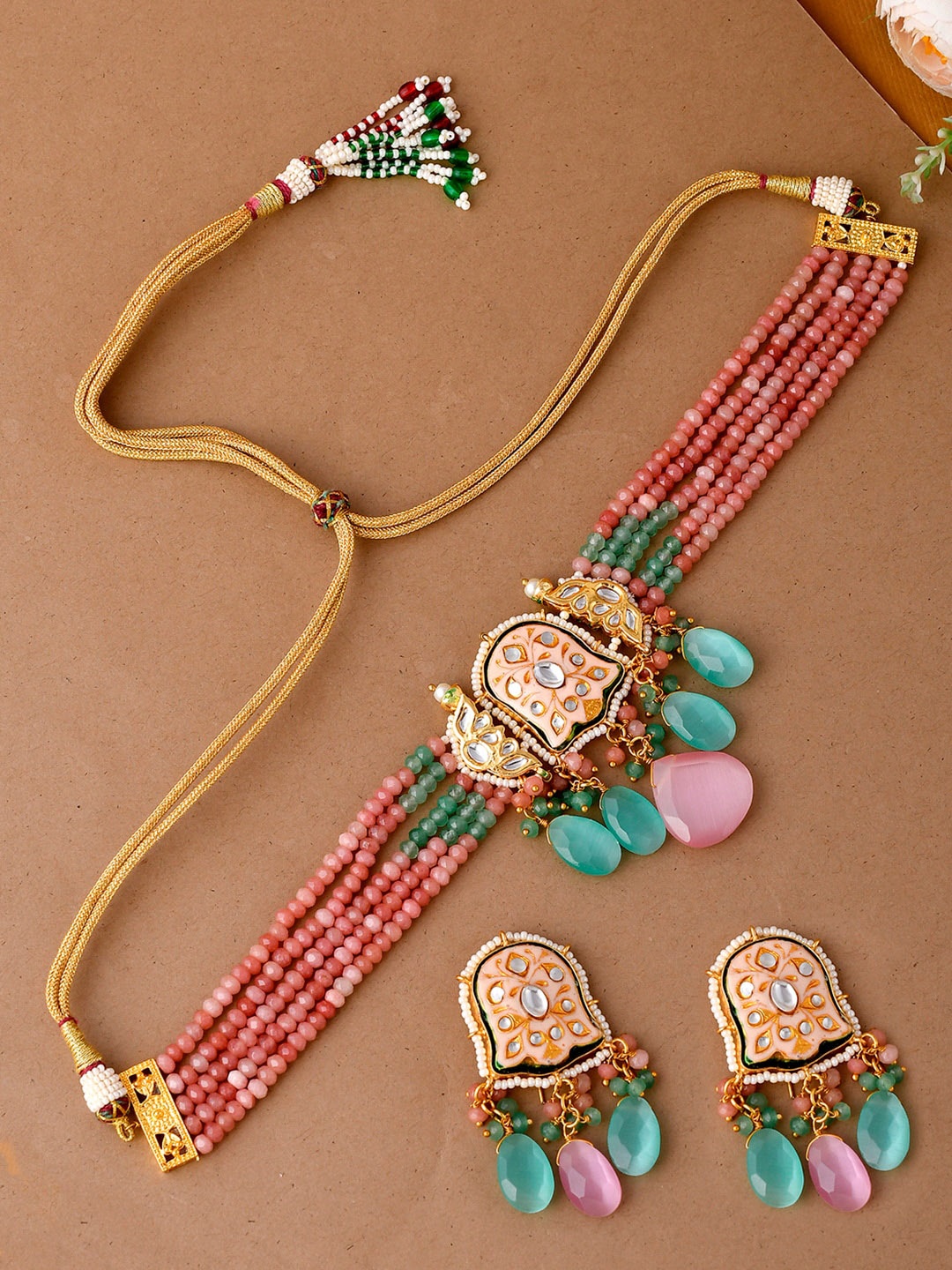 

DASTOOR Gold Plated & Pink Stone Studded Jewellery Set