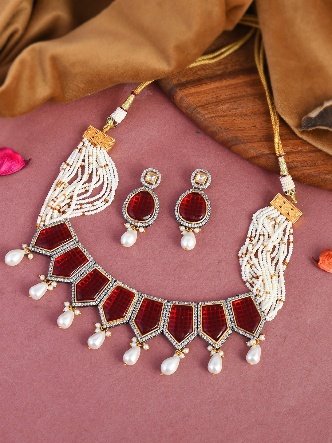 

DASTOOR Gold Plated White & Maroon Stone Studded & Beaded Jewellery Set