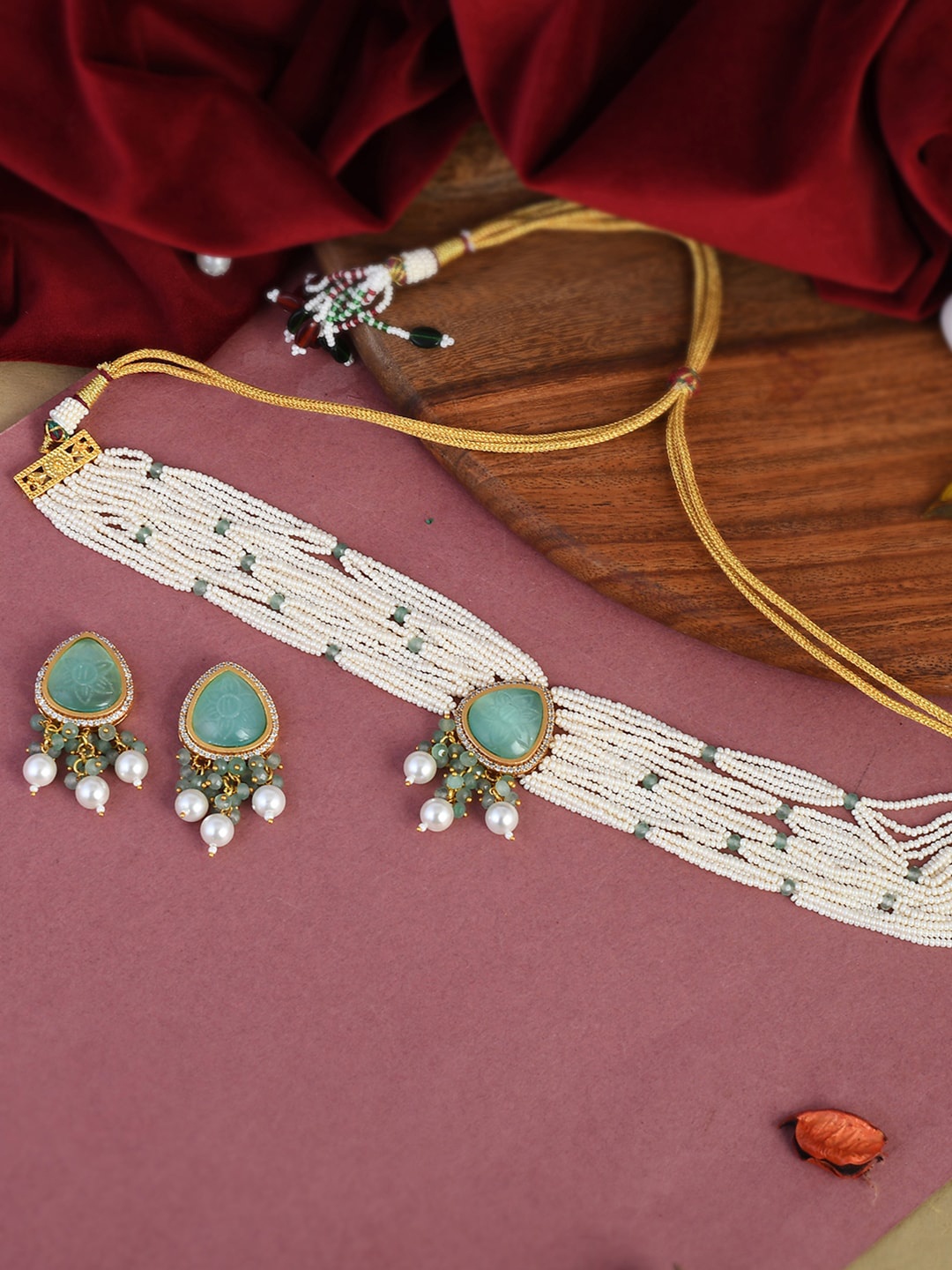 

DASTOOR White Coloured Pearl Beaded Choker Necklace Set