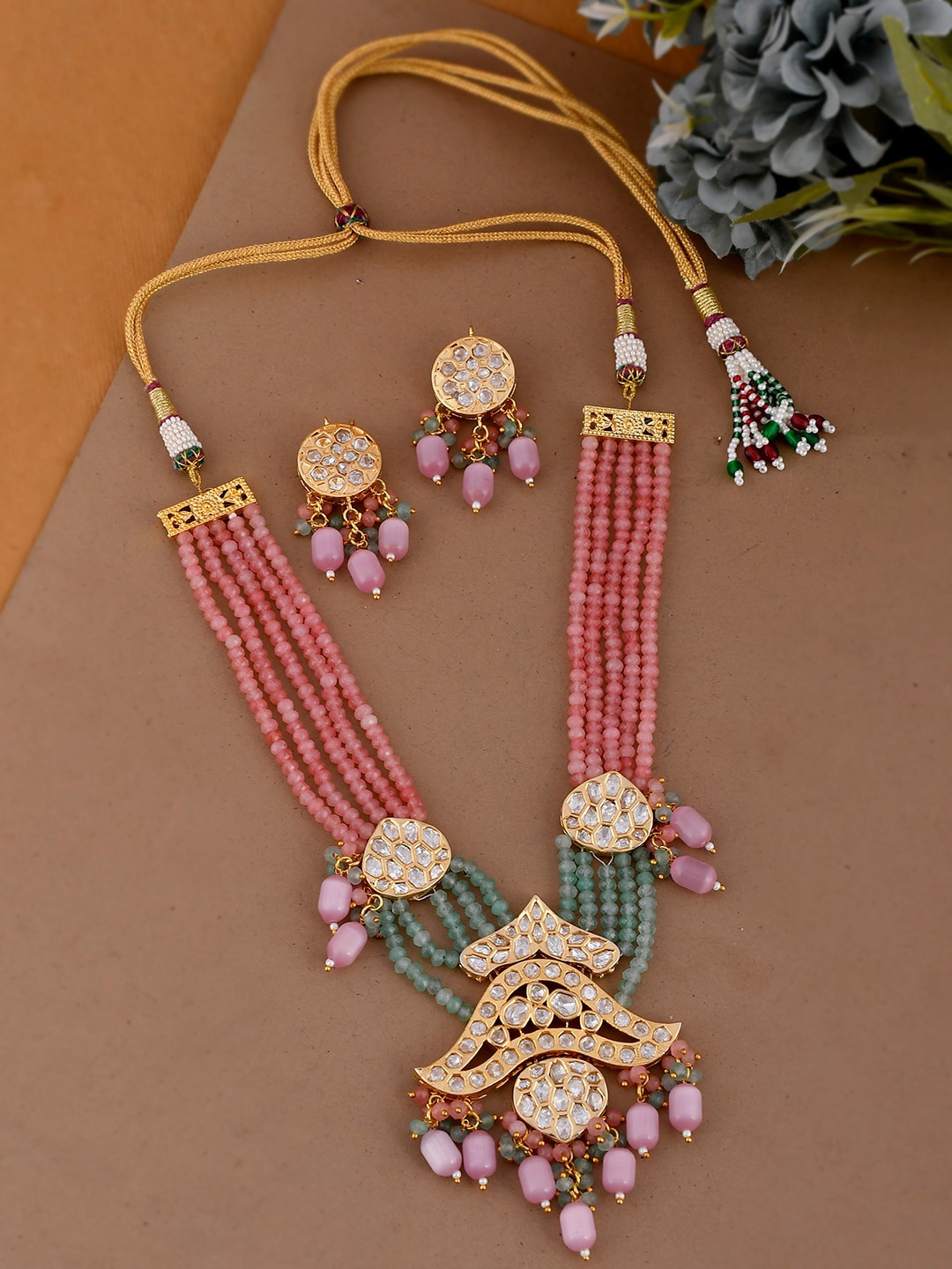 

DASTOOR Gold Plated Pink Beaded & White Kundan Studded Jewellery Set